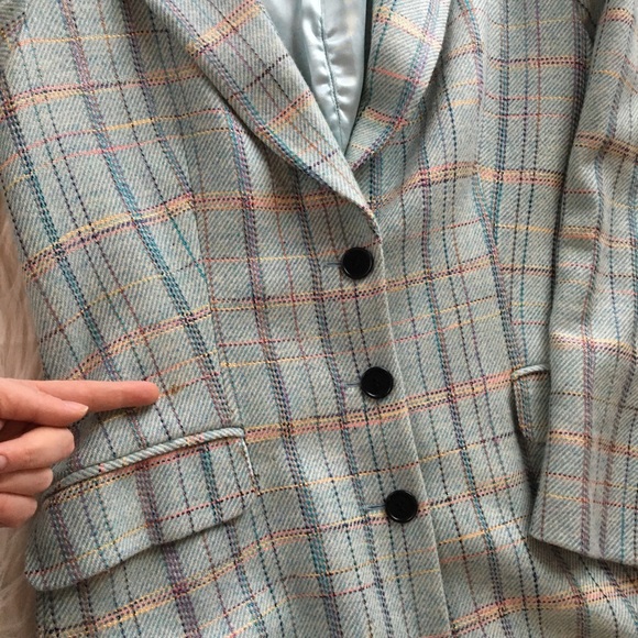 Jaeger wool blend plaid coat US12 blue aqua button - Picture 4 of 8